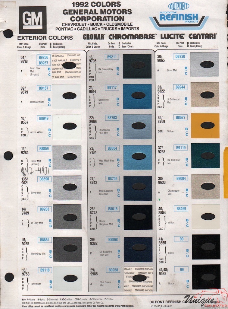 1992 General Motors Paint Charts DuPont 1